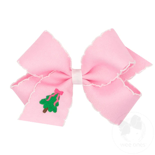 Medium Grosgrain Moonstich Embroidered Hair Bow | Pink/White Tree