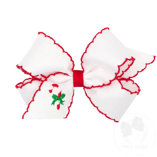 Medium Grosgrain Moonstich Embroidered Hair Bow | Candy Cane