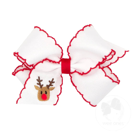 Medium Grosgrain Moonstich Embroidered Hair Bow | White/Red Reindeer