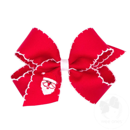 Medium Grosgrain Moonstich Embroidered Hair Bow | Red/White Santa