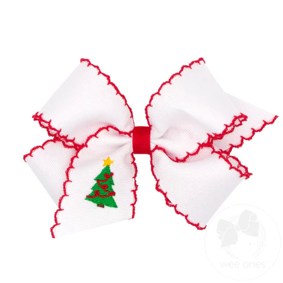 Medium Grosgrain Moonstich Embroidered Hair Bow | White/Red Tree