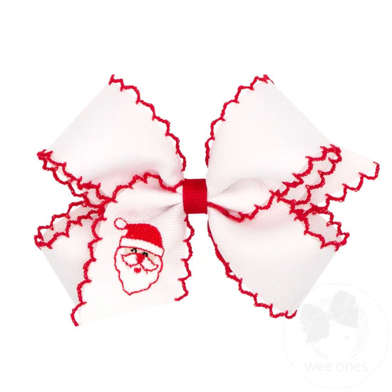 Medium Grosgrain Moonstich Embroidered Hair Bow | White/Red Santa