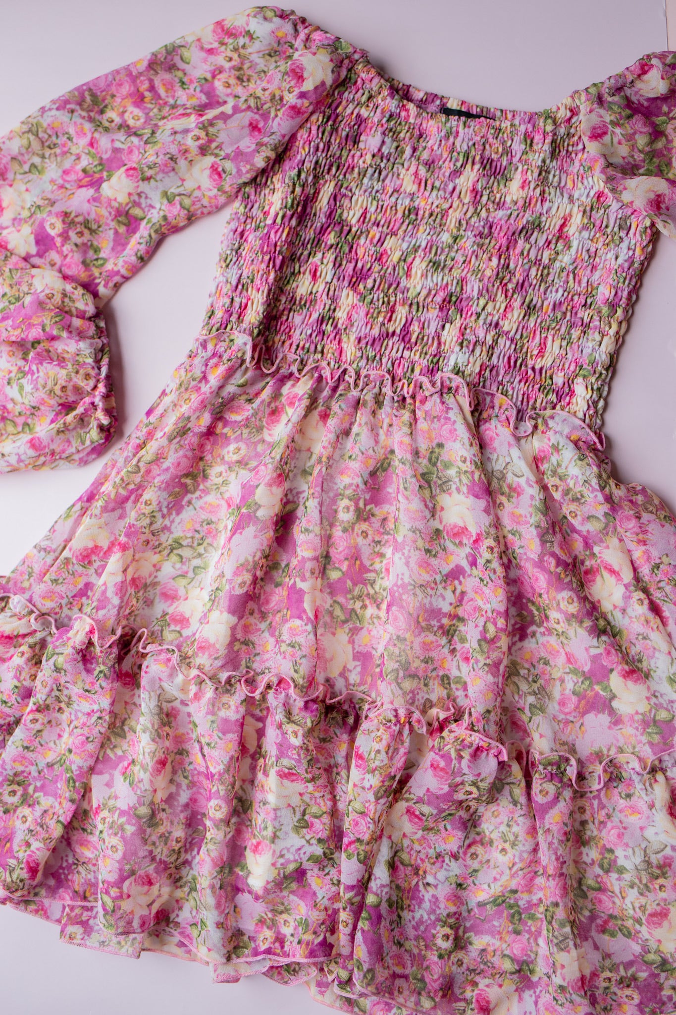 Chiffon Smocked Dress | Fall Pink Floral