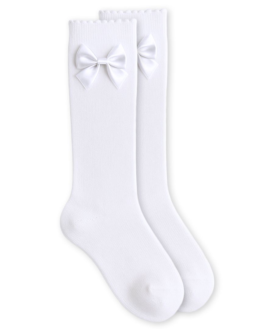 Jefferies Socks Satin Bow Scalloped Top Cotton Knee High Socks | White
