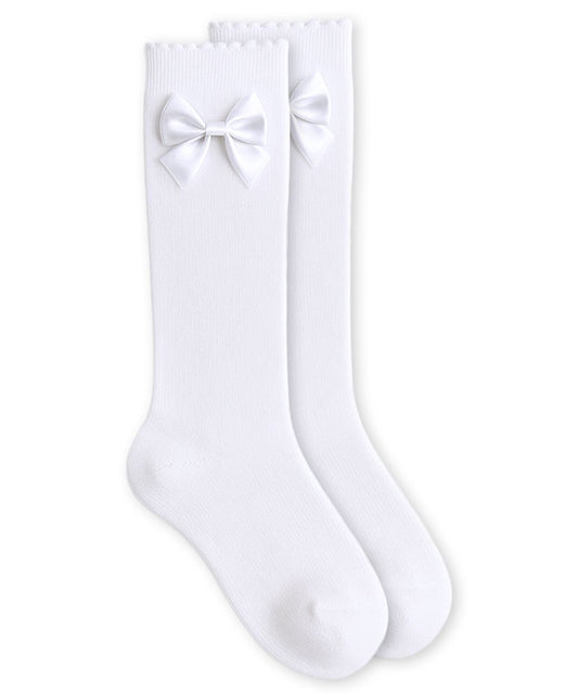 Jefferies Socks Satin Bow Scalloped Top Cotton Knee High Socks | White