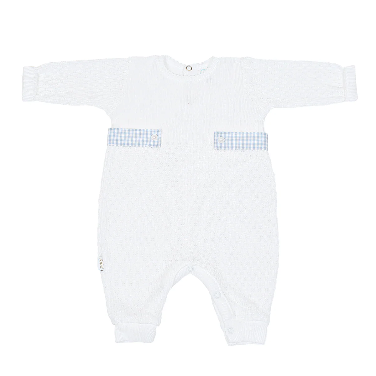 Paty Knit Romper w Gingham Tabs | Blue