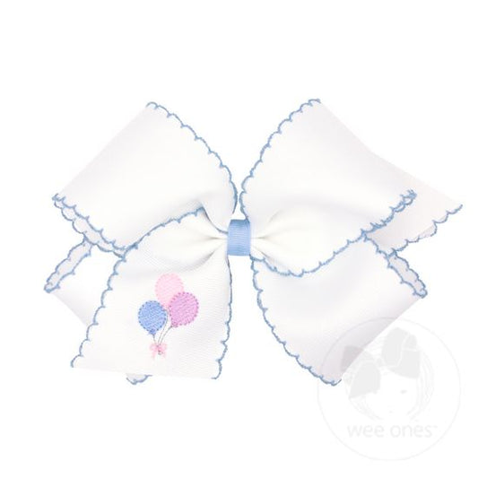 Medium Birthday Balloon Embroidered Grosgrain Bow | White & Blue
