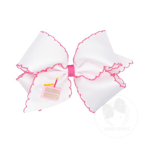 Medium Birthday Cake Embroidered Grosgrain Bow | White & Pink