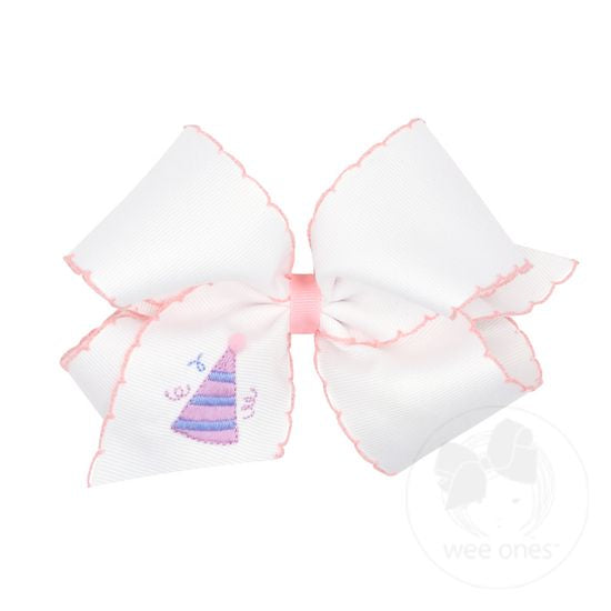 Medium Birthday Hat Embroidered Grosgrain Bow | White & Light Pink