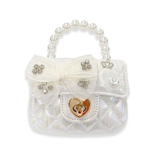 Embellished Bow Shiny Quilted Purse | White