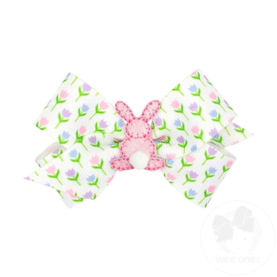Mini Easter Bunny Puff Tail Printed Bow | Tulips