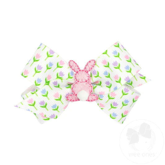 Mini Easter Bunny Puff Tail Printed Bow | Tulips