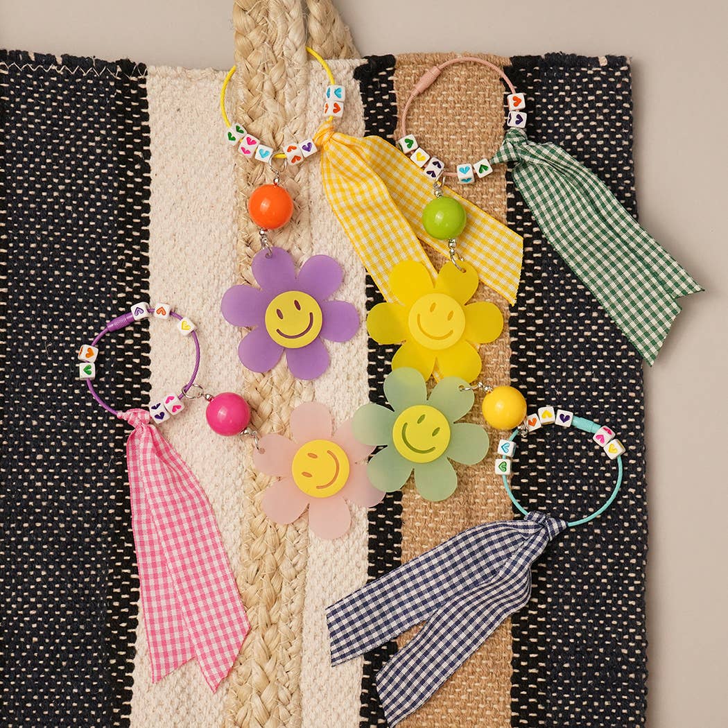 Happy Face Flower Plaid Bow Keychain | Pink