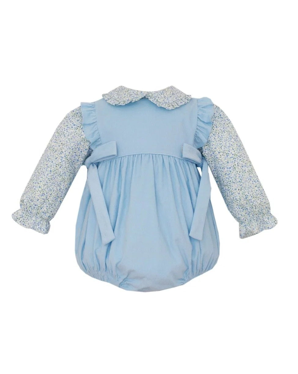 Light Blue Corduroy Girls Short Bubble w Blue Floral Print Shirt