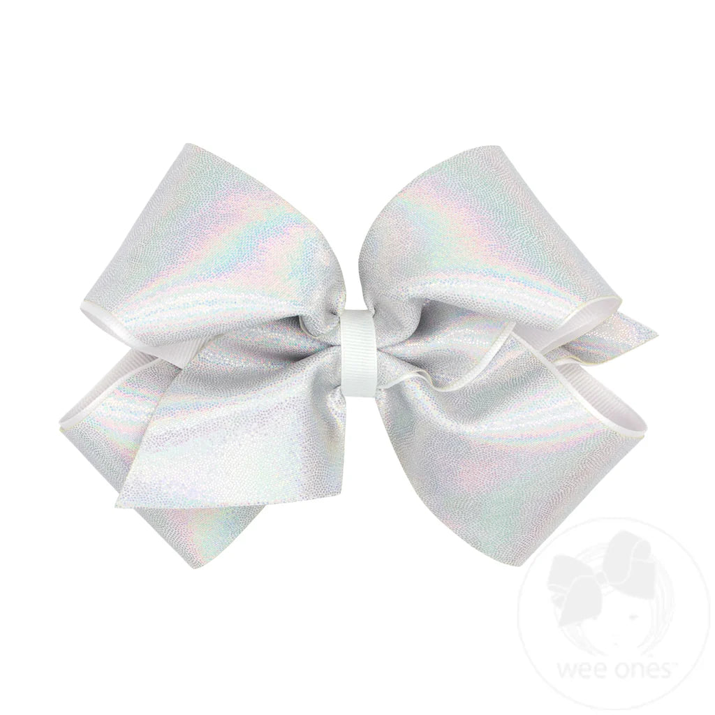 King Mirror Dot & Grosgrain Overlay Hair Bow | White