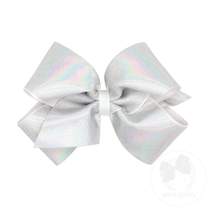 King Mirror Dot & Grosgrain Overlay Hair Bow | White