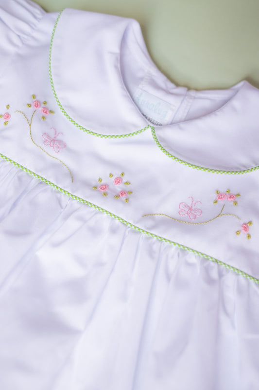 Rosebud Butterfly Embroidered Short Sleeve Dress | White/Green