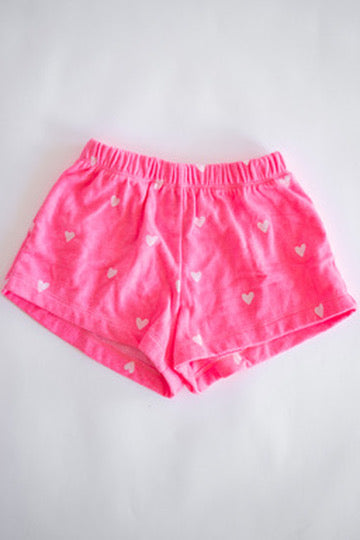 Neon Pink Cozy shorts with White Hearts