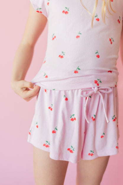 Cherry Print Ribbed Tee | Light Pink