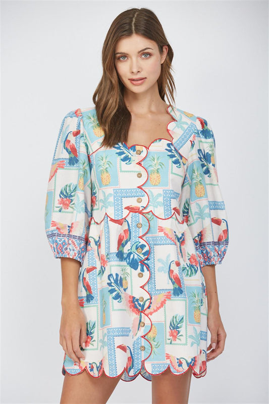 Tropical Print Scallop Edge Mini Dress