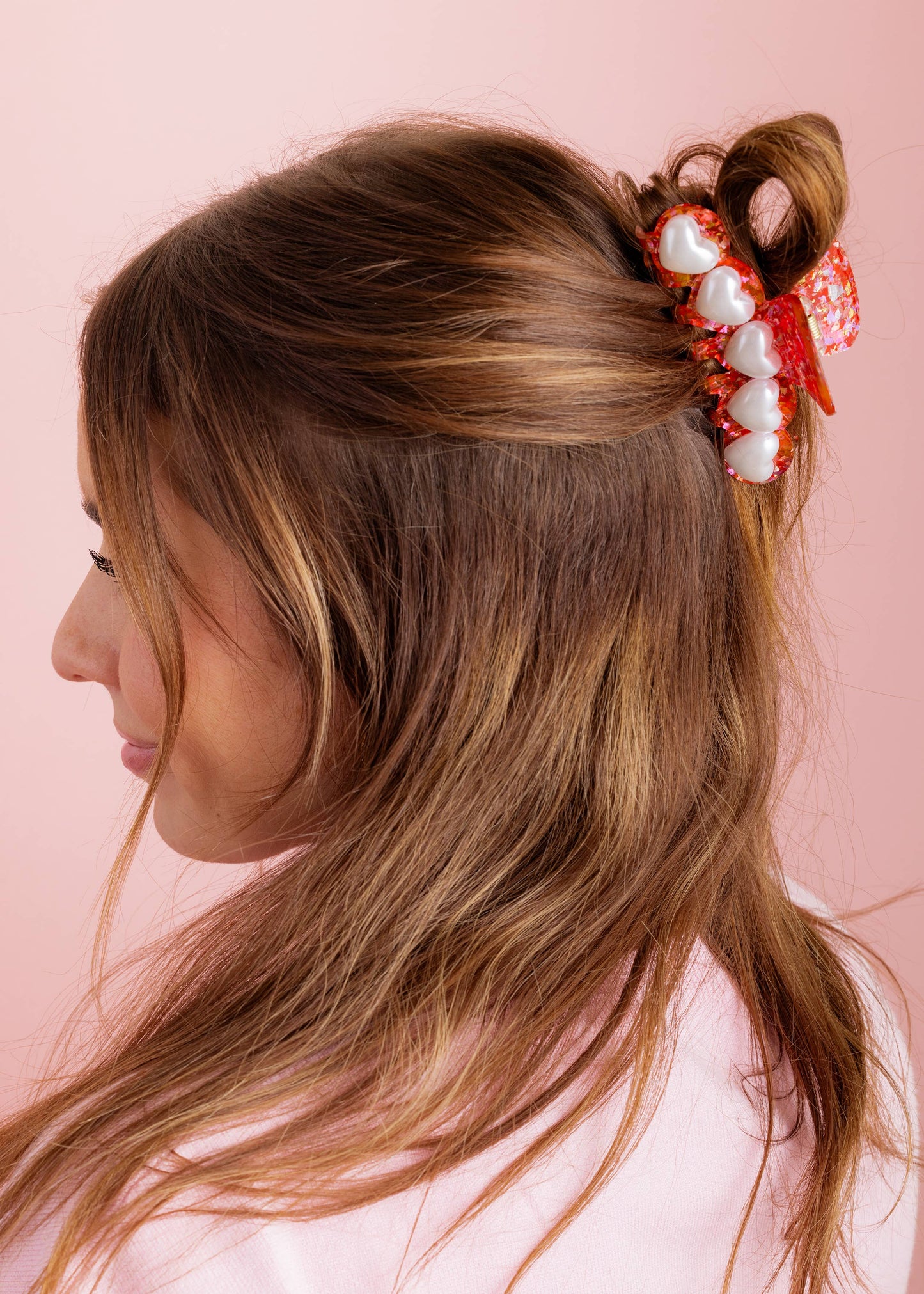 Claw Hair Clip - Red Confetti w/ Pearl Heart Beads