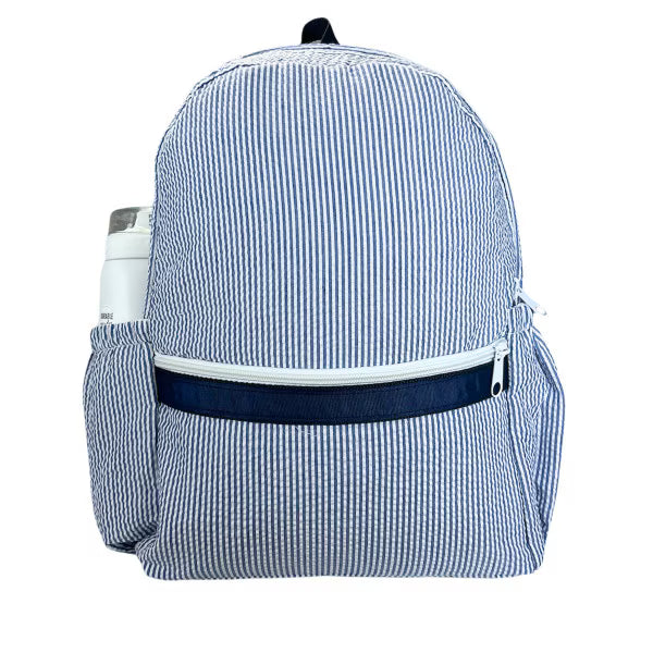 Navy Seersucker Medium Backpack w Pockets