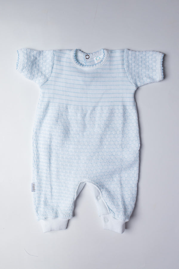 Pinstripe Knit Short Sleeve Romper | Blue