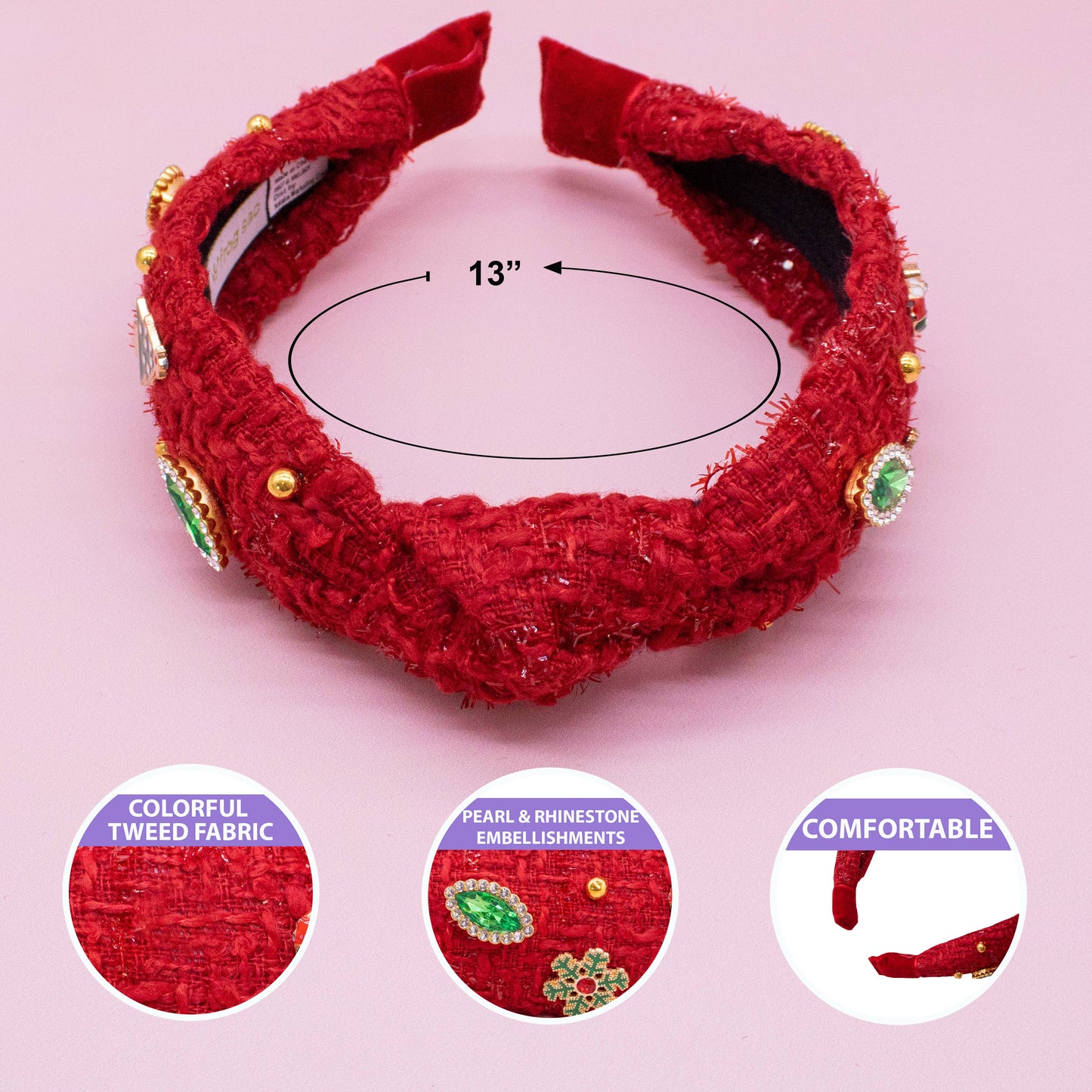 Kid's Embellished Christmas Charm Knot Headband | Red Tweed