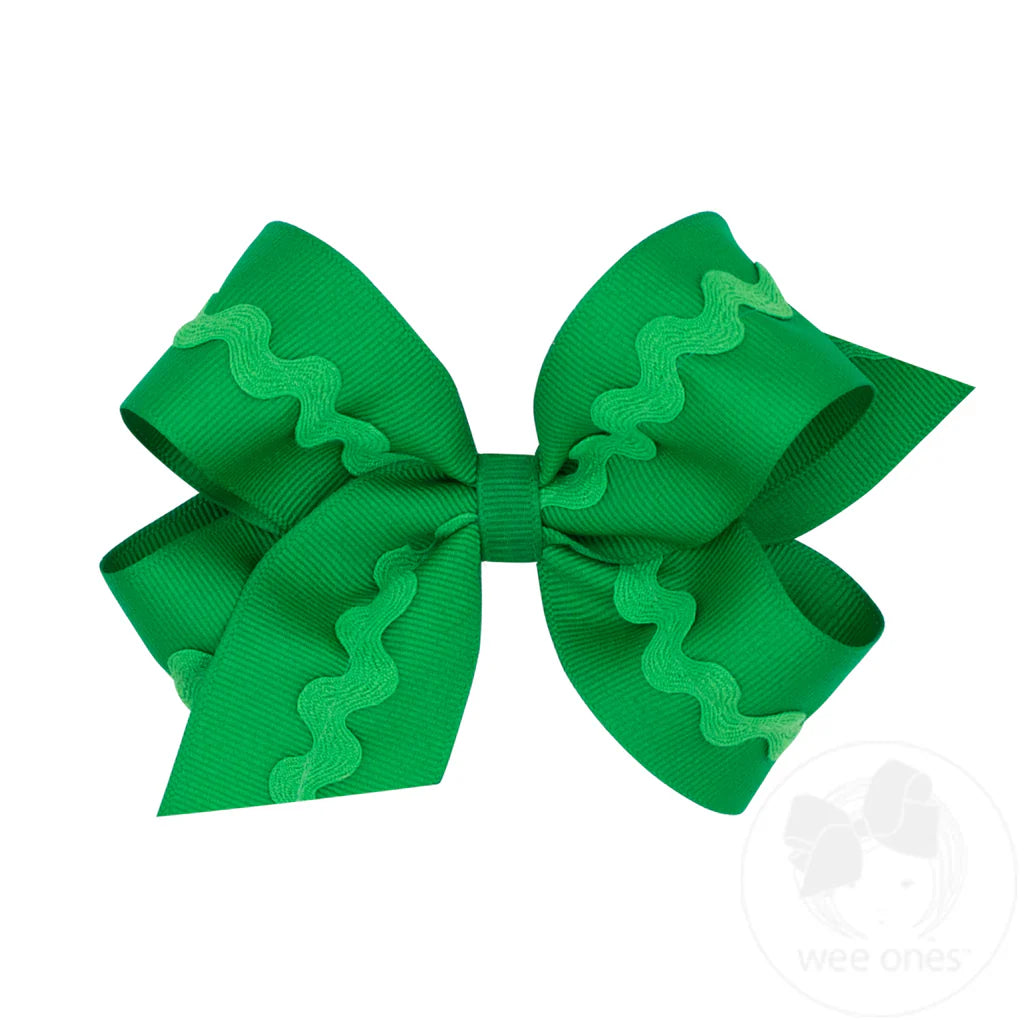 Medium Grosgrain Hair Bow with Ric-Rac Trim | Green