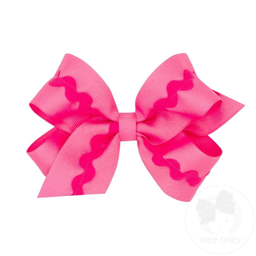 Medium Grosgrain Hair Bow with Ric-Rac Trim | Hot Pink