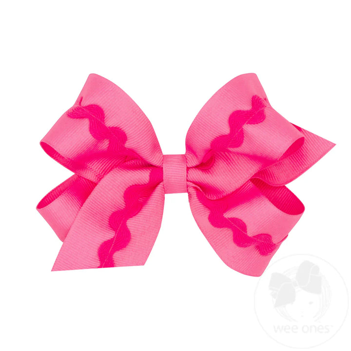 Medium Grosgrain Hair Bow with Ric-Rac Trim | Hot Pink
