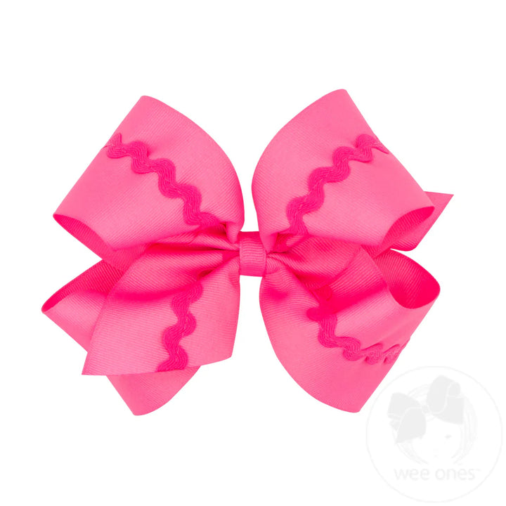 King Grosgrain Hair Bow with Ric-Rac Trim | Hot Pink