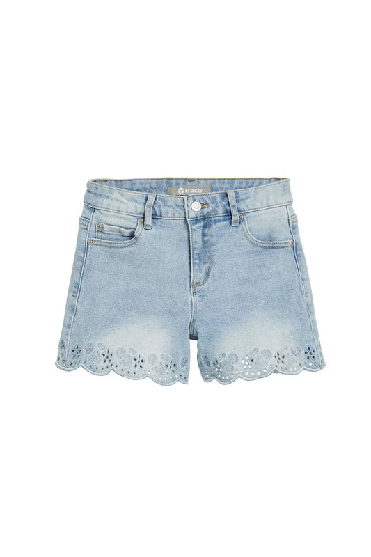 Floral Embroidery Eyelet Scallop Hem Shorts | Indigo