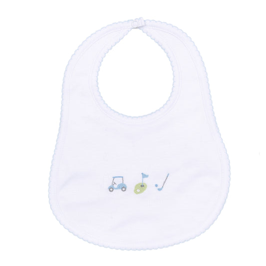 Tiny Tee Time Embroidered Bib | Light Blue