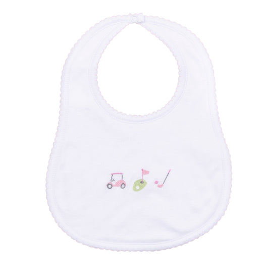 Tiny Tee Time Embroidered Bib | Pink