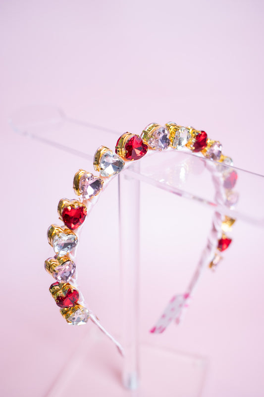 Standing Jewel Heart Satin Headband | Pink/Red