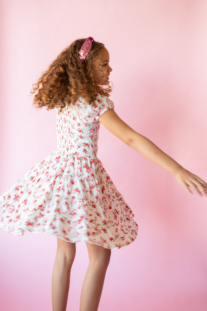 Pink + Red Floral Puff Sleeve Dress | White