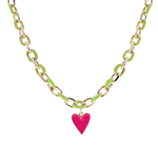 Lime Green + Hot Pink Enamel Heart Necklace