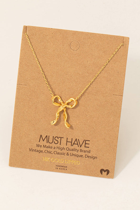 Gold Dipped Long Ribbon Bow Pendant Necklace | Gold