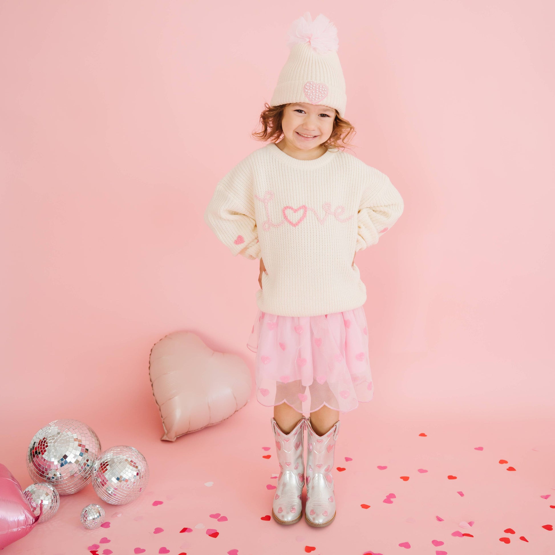 Pearl Heart Patch Pom Pom Beanie - Kids Accessories