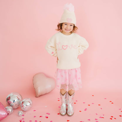 Pearl Heart Patch Pom Pom Beanie - Kids Accessories