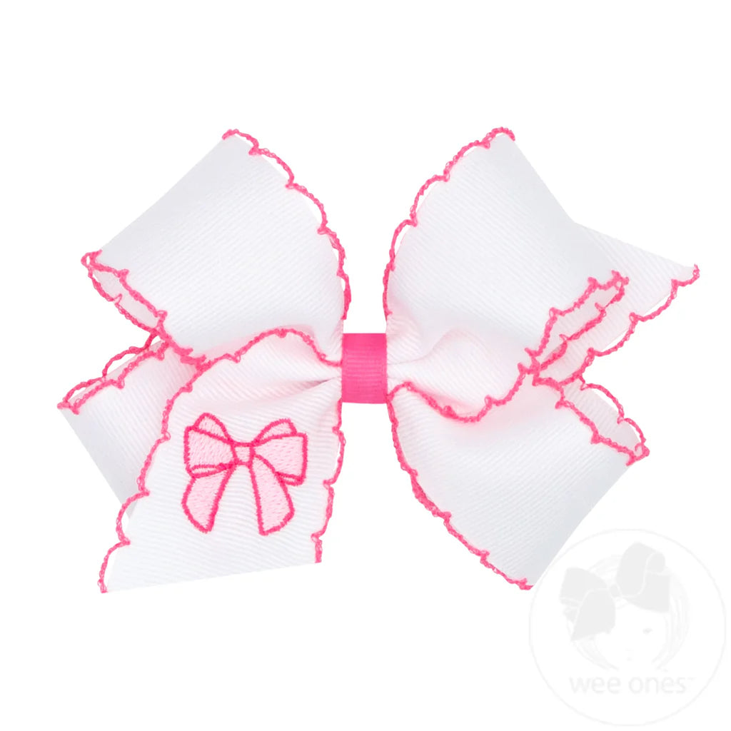 Medium Grosgrain Hair Bow with Moonstitch Edge and Pink Bow Embroidery