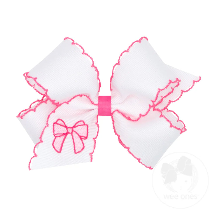 Medium Grosgrain Hair Bow with Moonstitch Edge and Pink Bow Embroidery