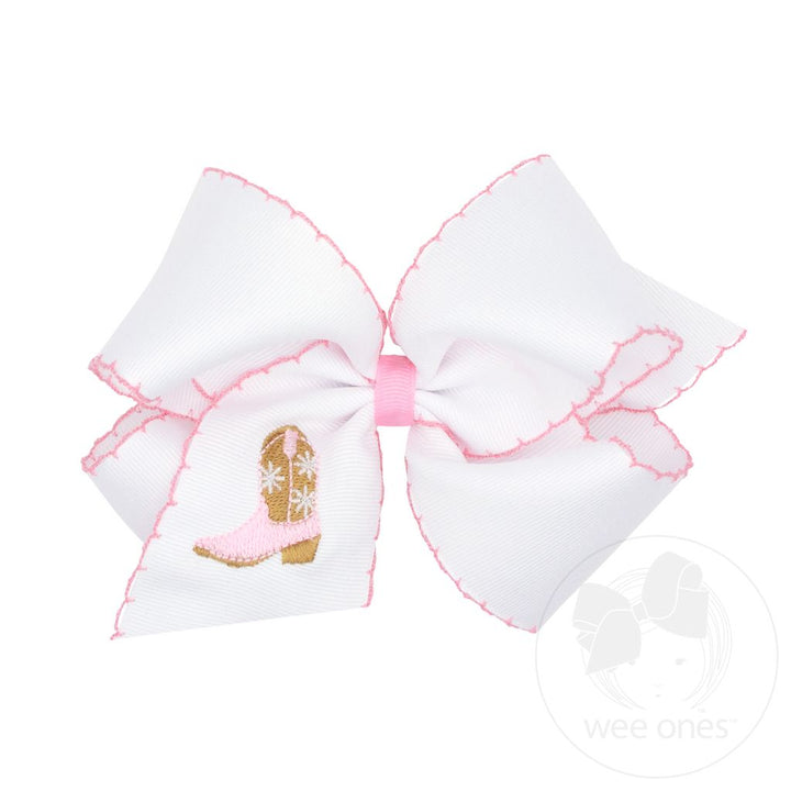 King Grosgrain Hair Bow with Moonstitch Edge and Pink Cowgirl Boot Embroidery