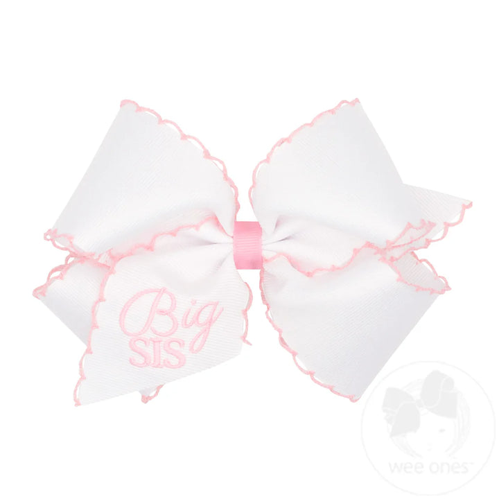 King Grosgrain Hair Bow with Light Pink Moonstitch | Big Sis Embroidery