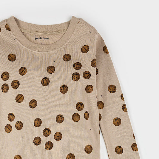 Long Sleeve Pajama Set | Oatmeal Basketball