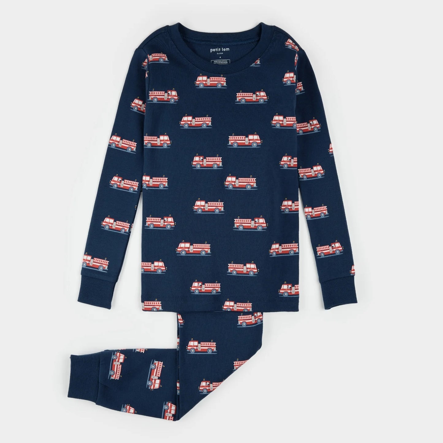 Long Sleeve Pajama Set | Dark Blue Firetruck
