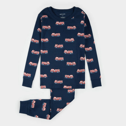 Long Sleeve Pajama Set | Dark Blue Firetruck