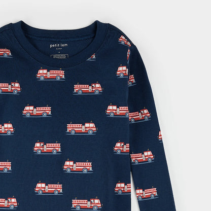 Long Sleeve Pajama Set | Dark Blue Firetruck