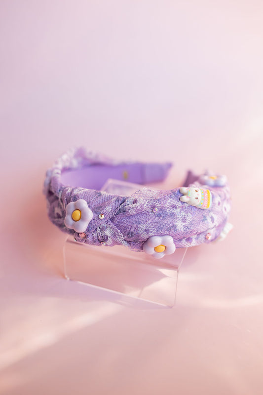 Bunnies and Flowers Charm Knot Headband | Purple Lace